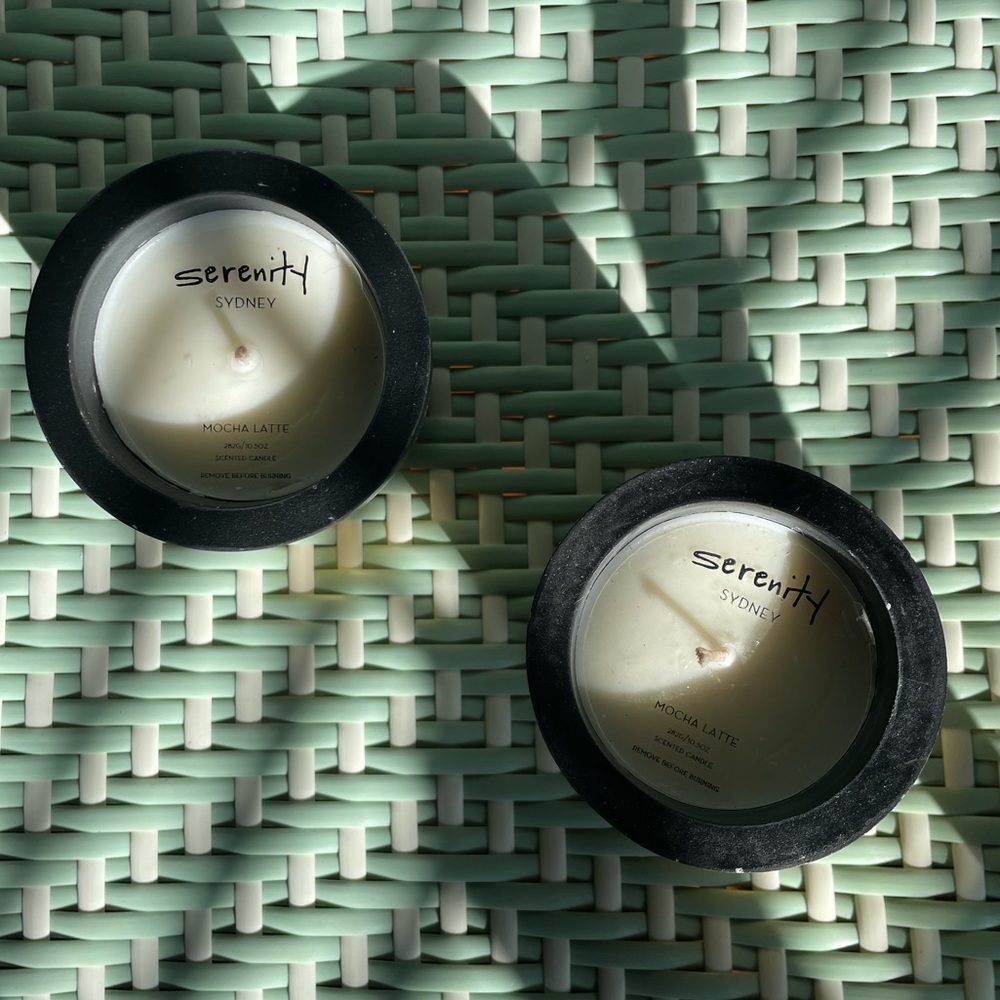 Serenity Candles in Mocha Latte scent in a painted cement holder. NEW